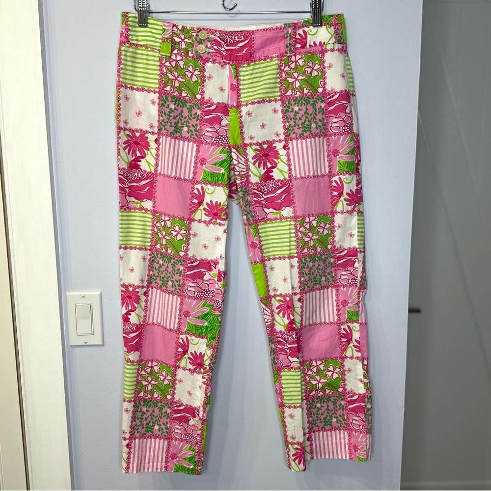 Women’s Lilly Pulitzer Pink & Green Colorful Patchwork Pants, size 8.
